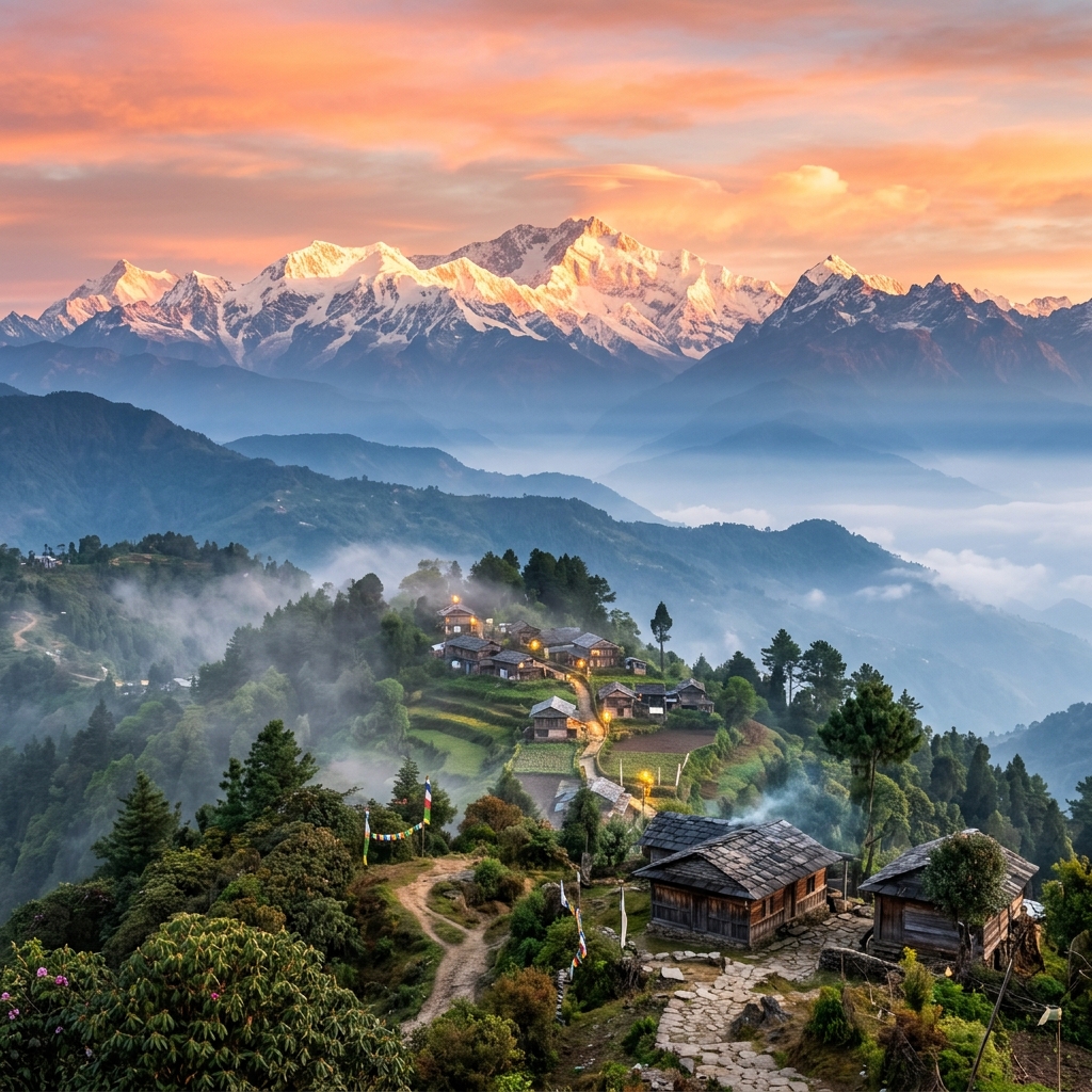 Tumling village with snow-capped Kanchenjunga at sunrise